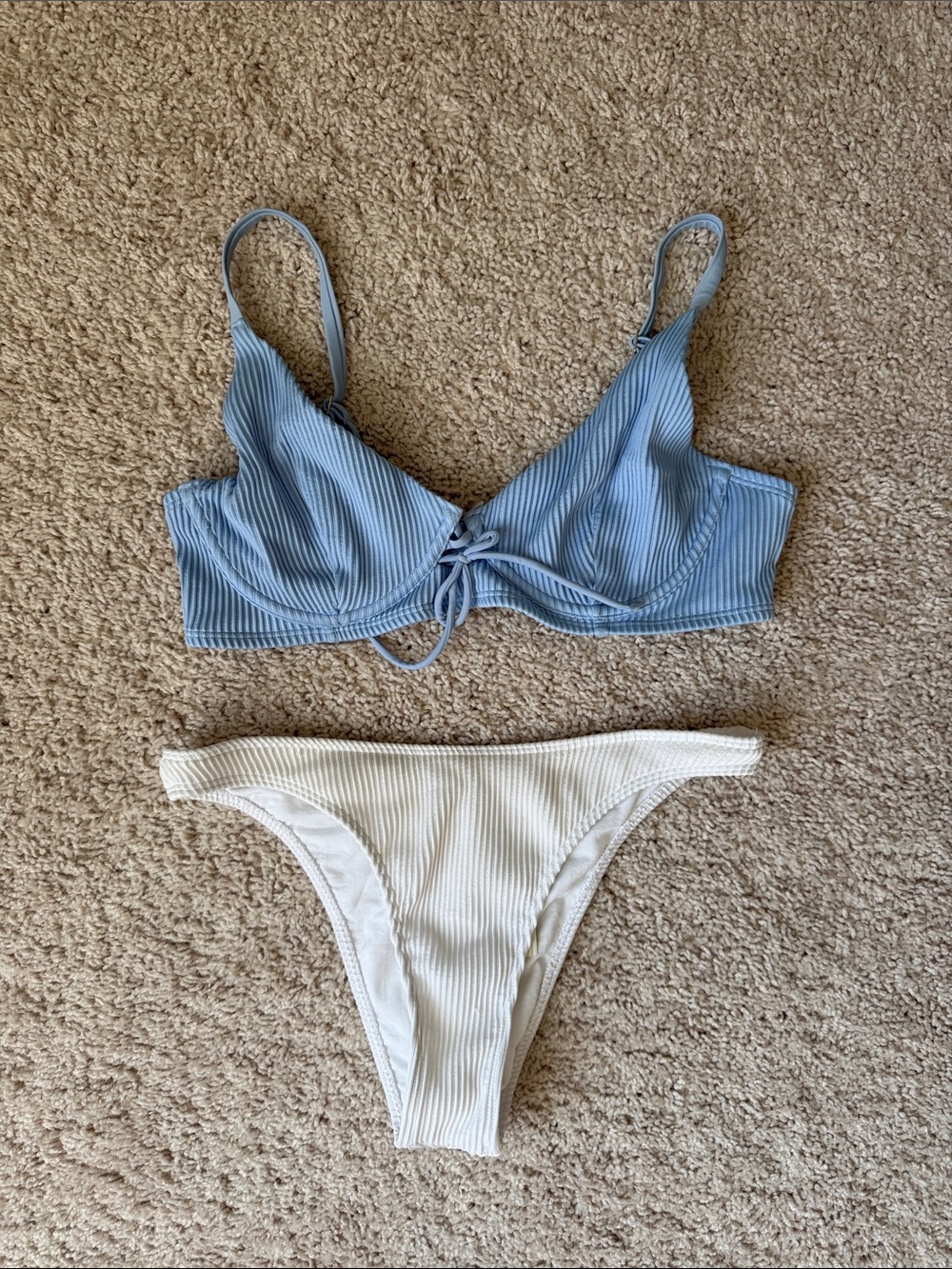 Hollister Light Blue Ribbed Tie-Front Bikini Top with White Ribbed Bottom